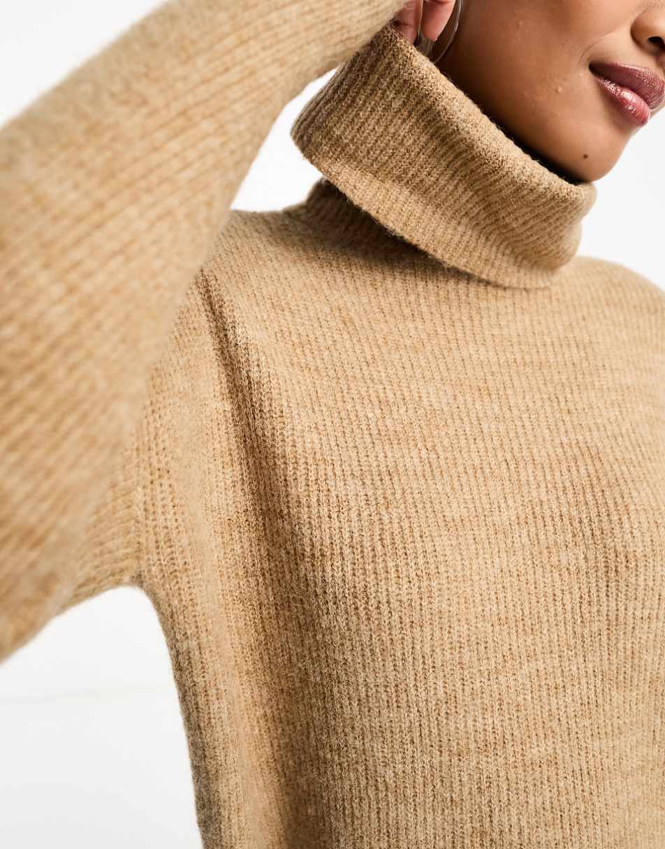 Only roll neck knitted mini sweater dress in beige