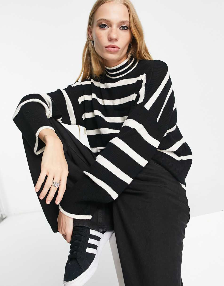 Only high neck sweater in black & white stripe