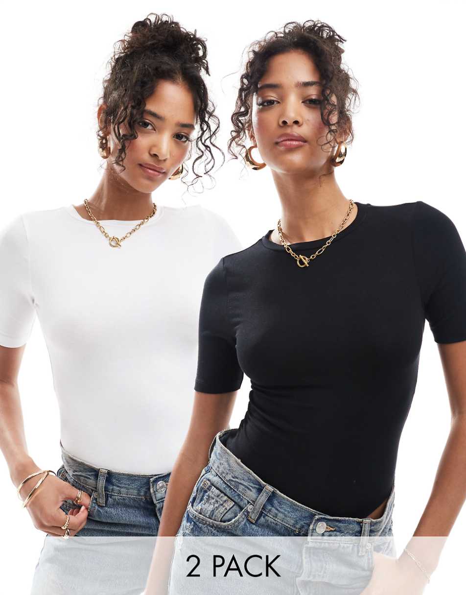 ASOS DESIGN skinny fit T-shirt bodysuit 2 pack in black and white