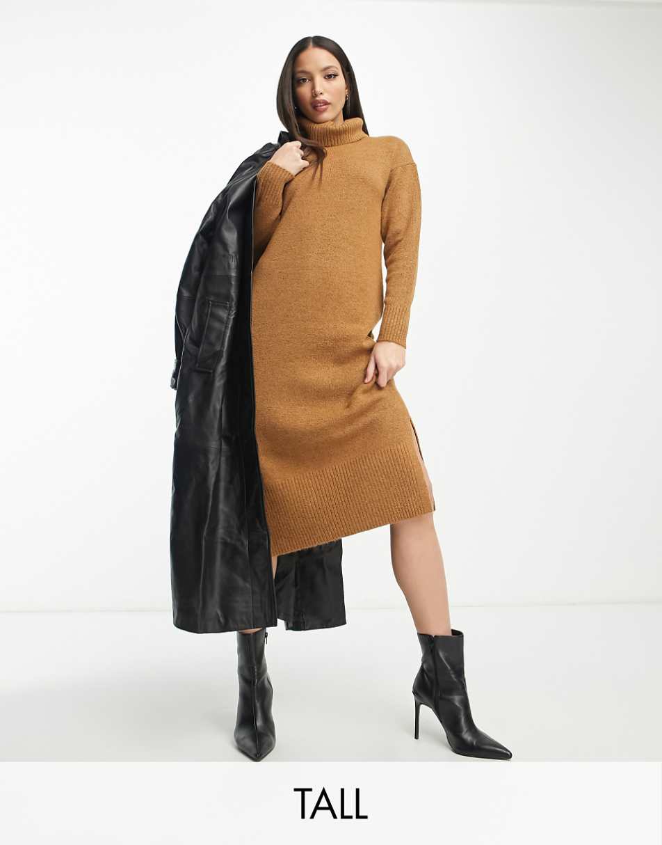 New Look Tall roll neck knitted midi dress in brown