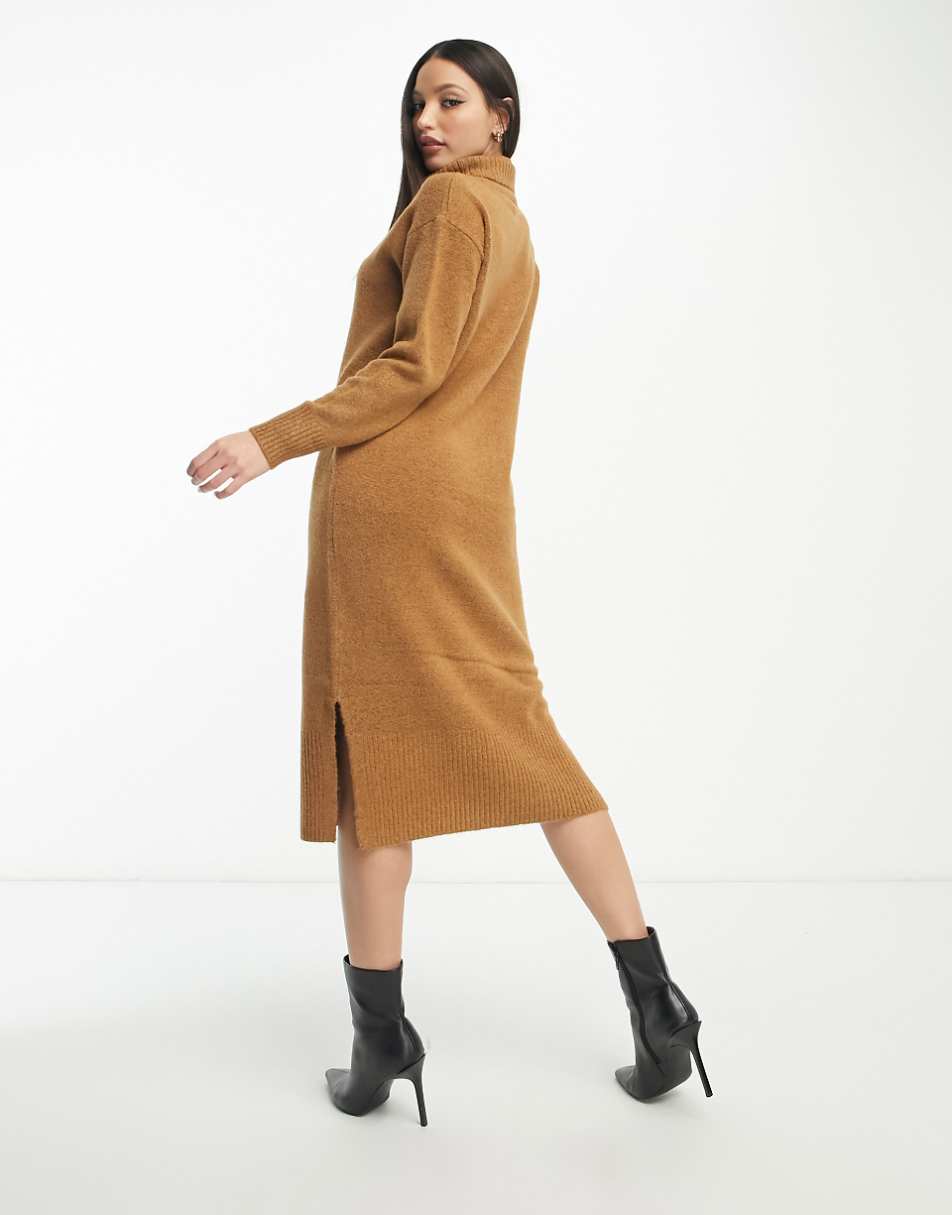 New Look Tall roll neck knitted midi dress in brown