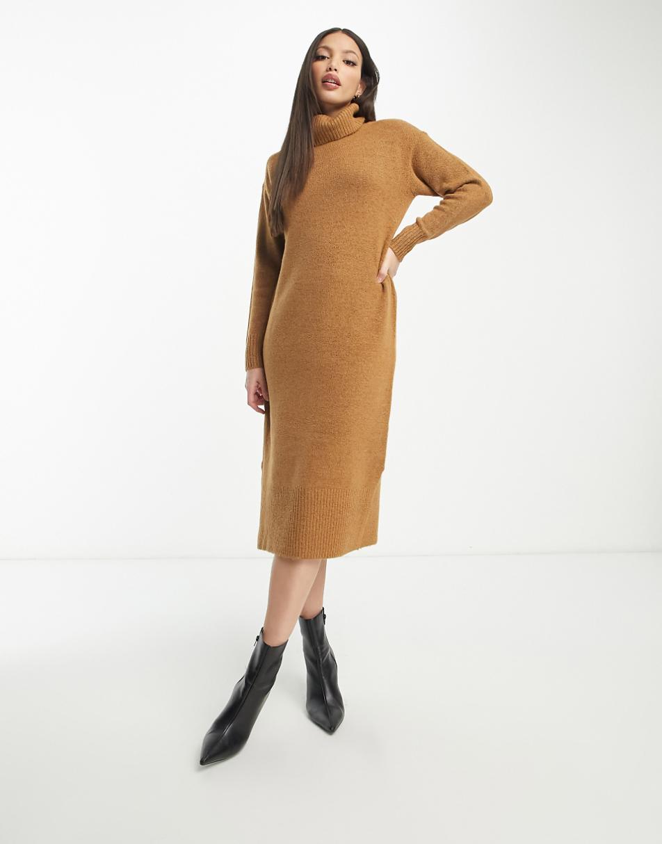 New Look Tall roll neck knitted midi dress in brown
