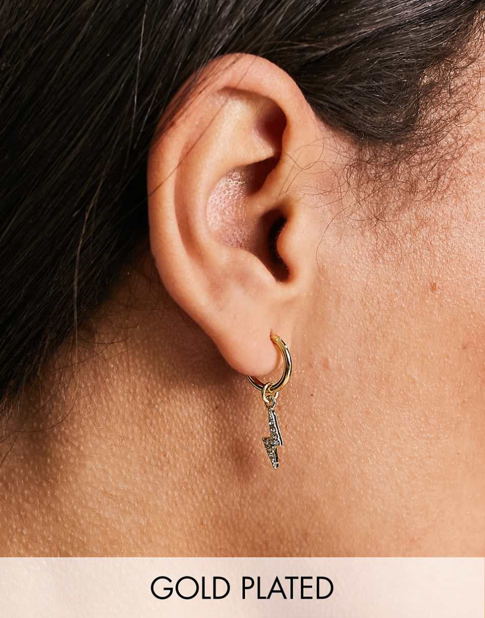 Pieces Exclusive 18k plated hoop earrings with lightning bolt drop in gold