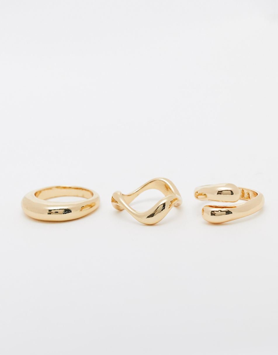 ASOS DESIGN pack of 3 rings with mixed minimal designs in gold tone