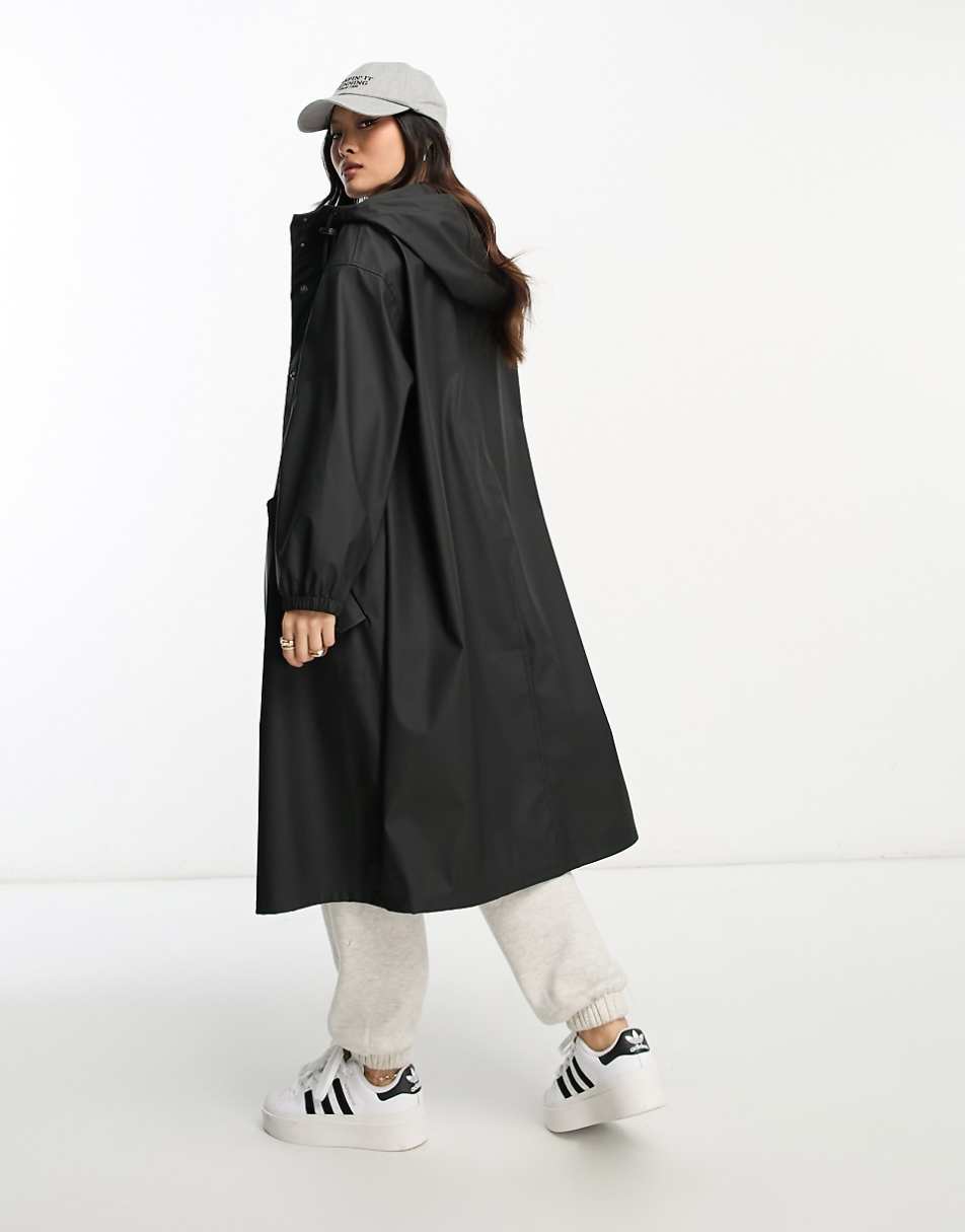 ASOS DESIGN Petite rubberized rain parka coat in black