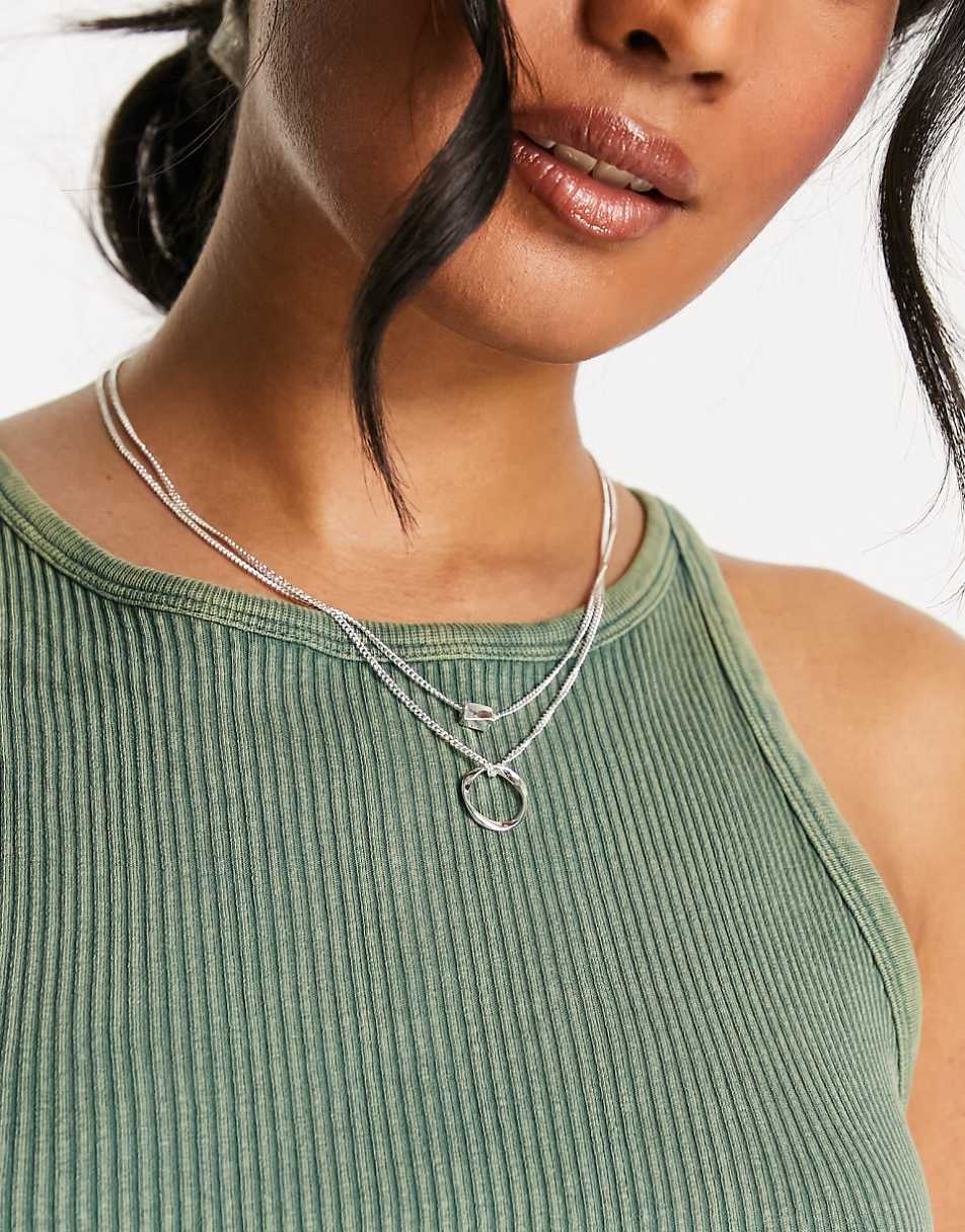 ASOS DESIGN multirow necklace with twisted bead and hoop design in silver tone
