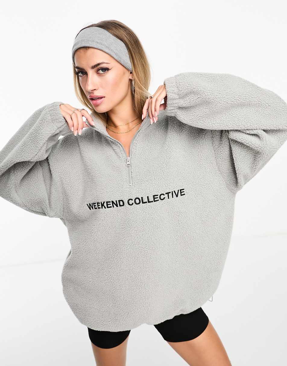 ASOS Weekend Collective half zip teddy fleece with logo in heather gray
