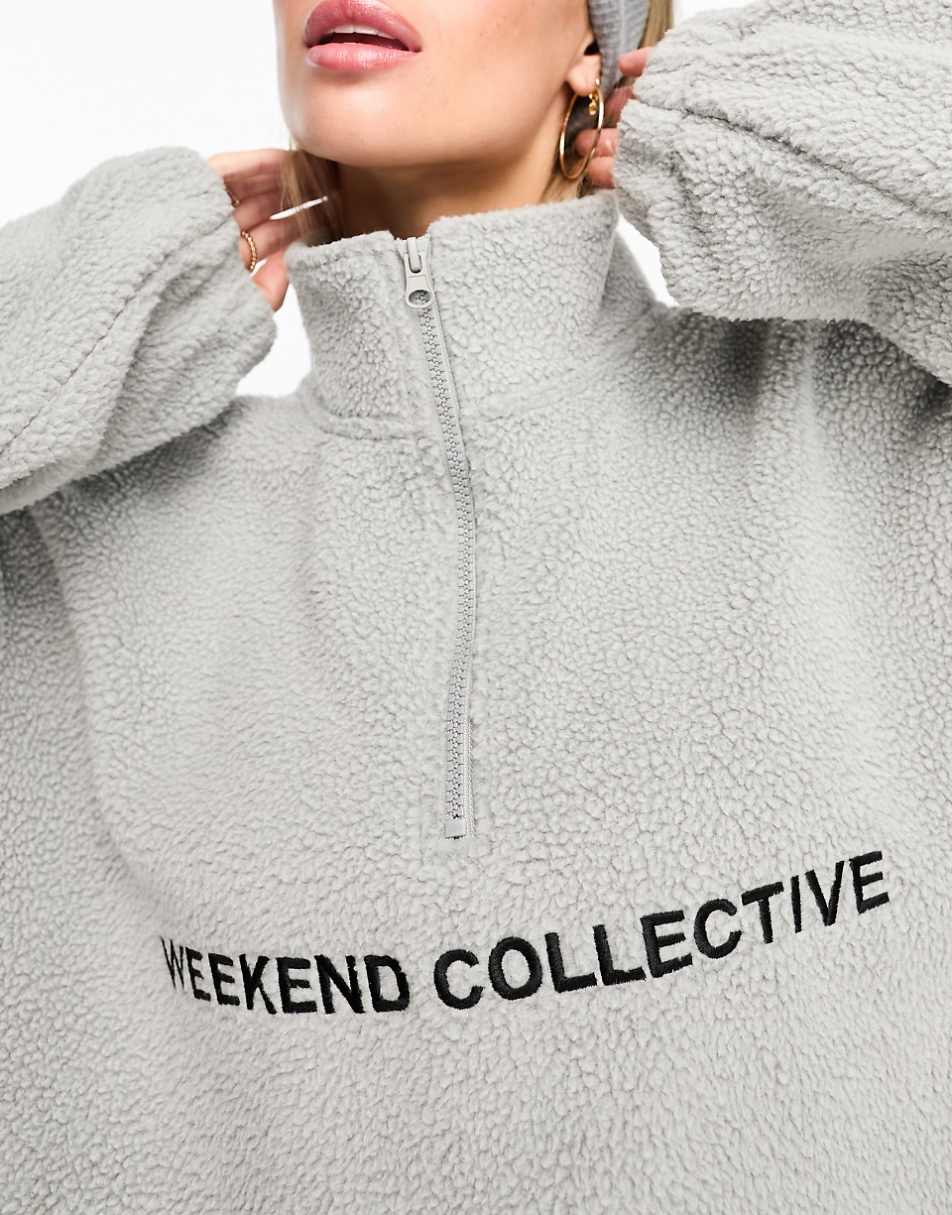 ASOS Weekend Collective half zip teddy fleece with logo in heather gray