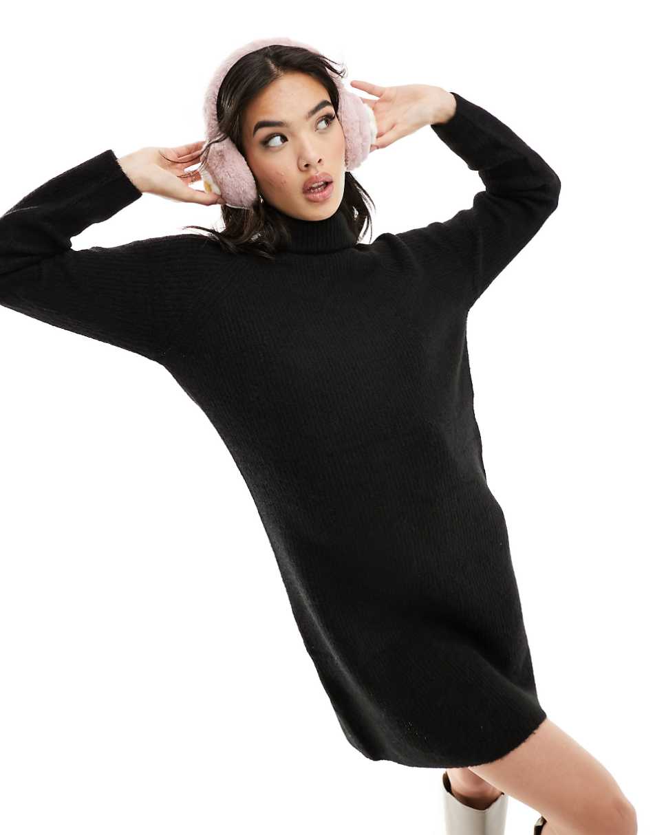 Pieces roll neck mini sweater dress in black