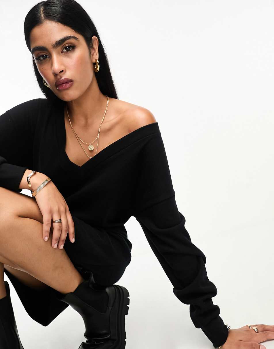 ASOS DESIGN super soft slouchy v neck sweater mini dress in black