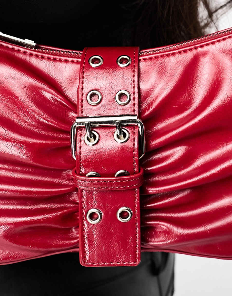 ASOS DESIGN ruched buckle detail shoulder bag in red