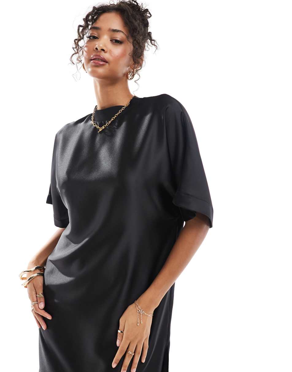 ASOS DESIGN satin oversized midi T-shirt dress in black