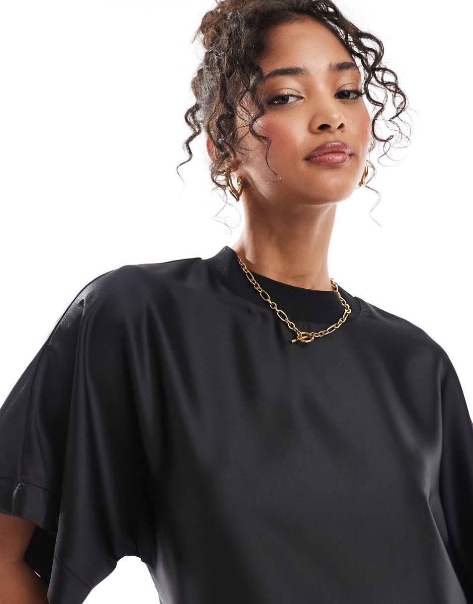ASOS DESIGN satin oversized midi T-shirt dress in black