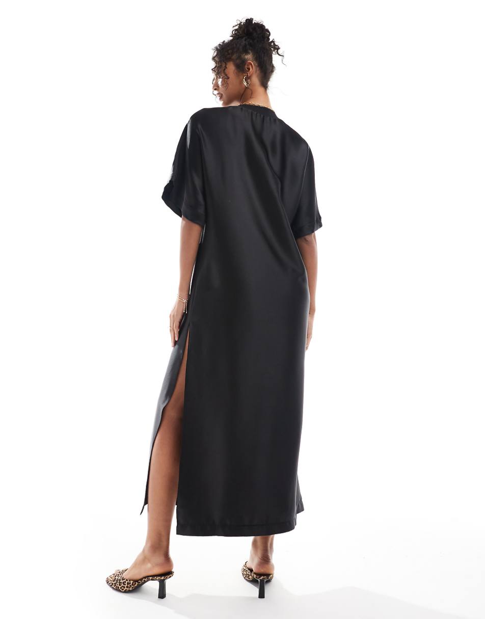 ASOS DESIGN satin oversized midi T-shirt dress in black