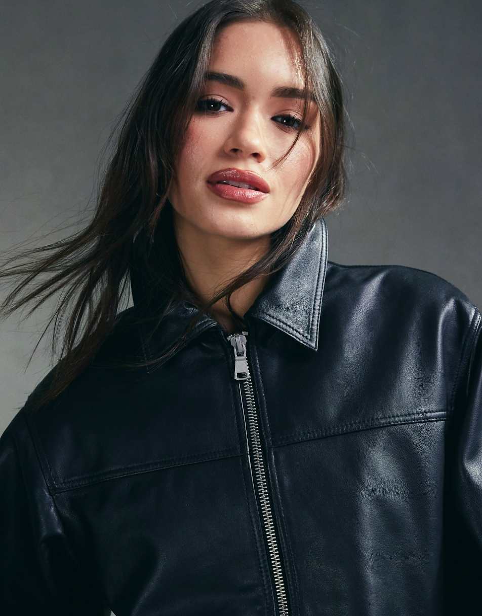 ASOS DESIGN top collar premium leather jacket in black
