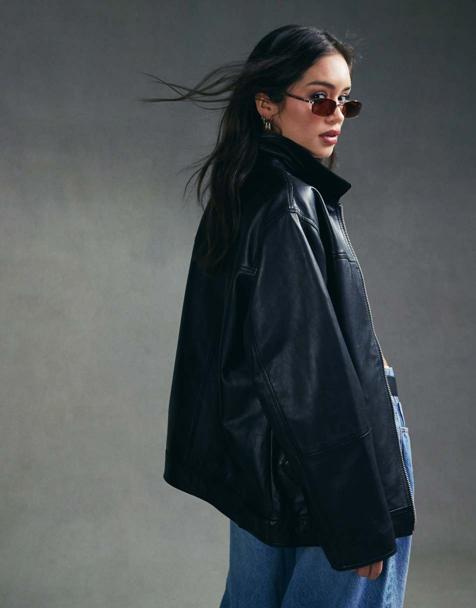 ASOS DESIGN top collar premium leather jacket in black