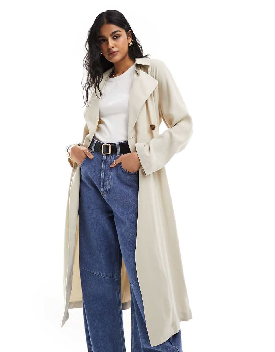 ASOS DESIGN soft midi trench coat in stone