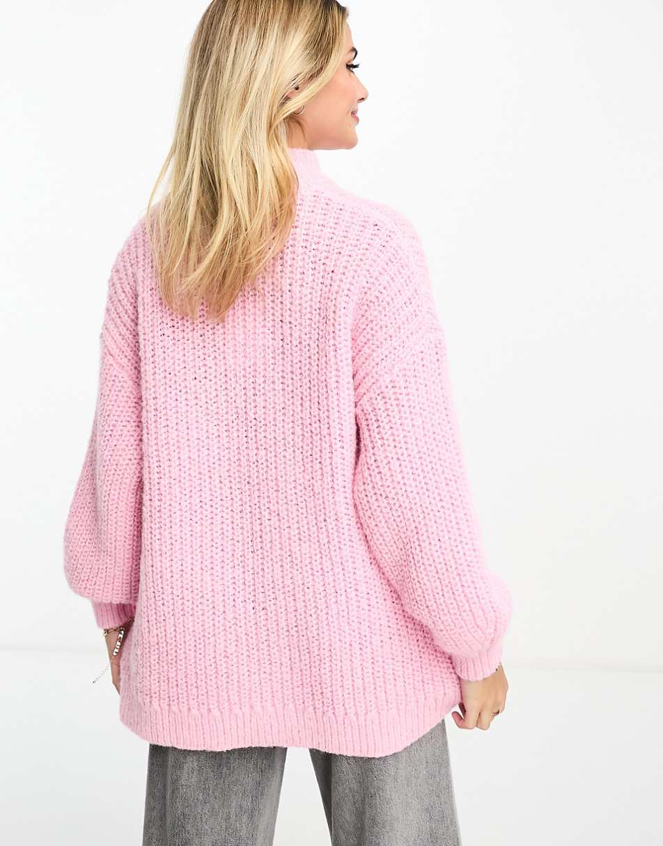 Monki high neck chunky rib knit sweater with volume sleeve in pink