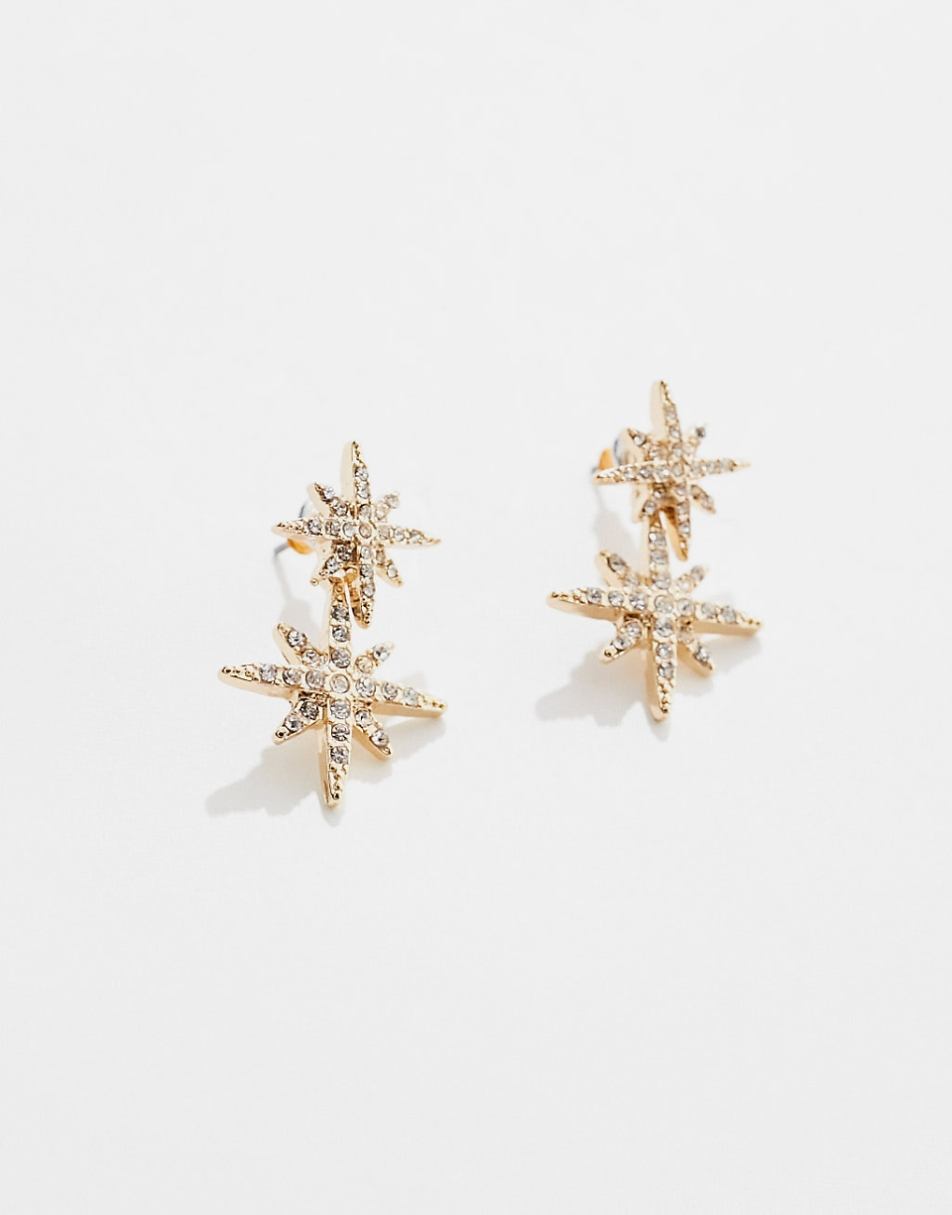 ASOS DESIGN drop earrings with front and back crystal celestial design in gold tone