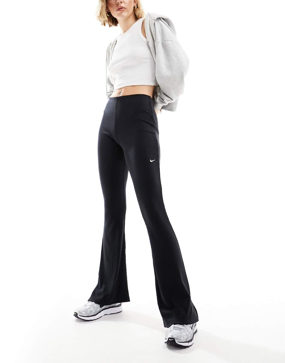 Nike ribbed mid rise flared pants in black