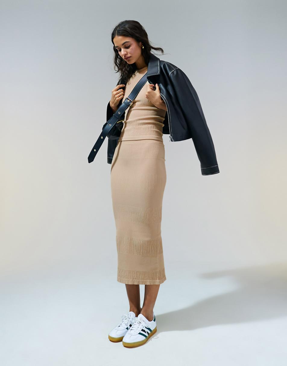 ASOS DESIGN seamless sculpting mixed rib midi skirt in pebble - part of a set