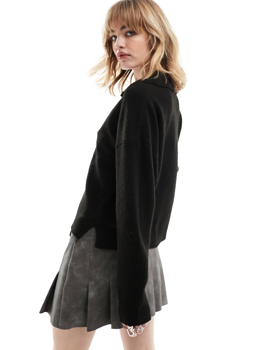 Monki long sleeve collar polo knit sweater in black