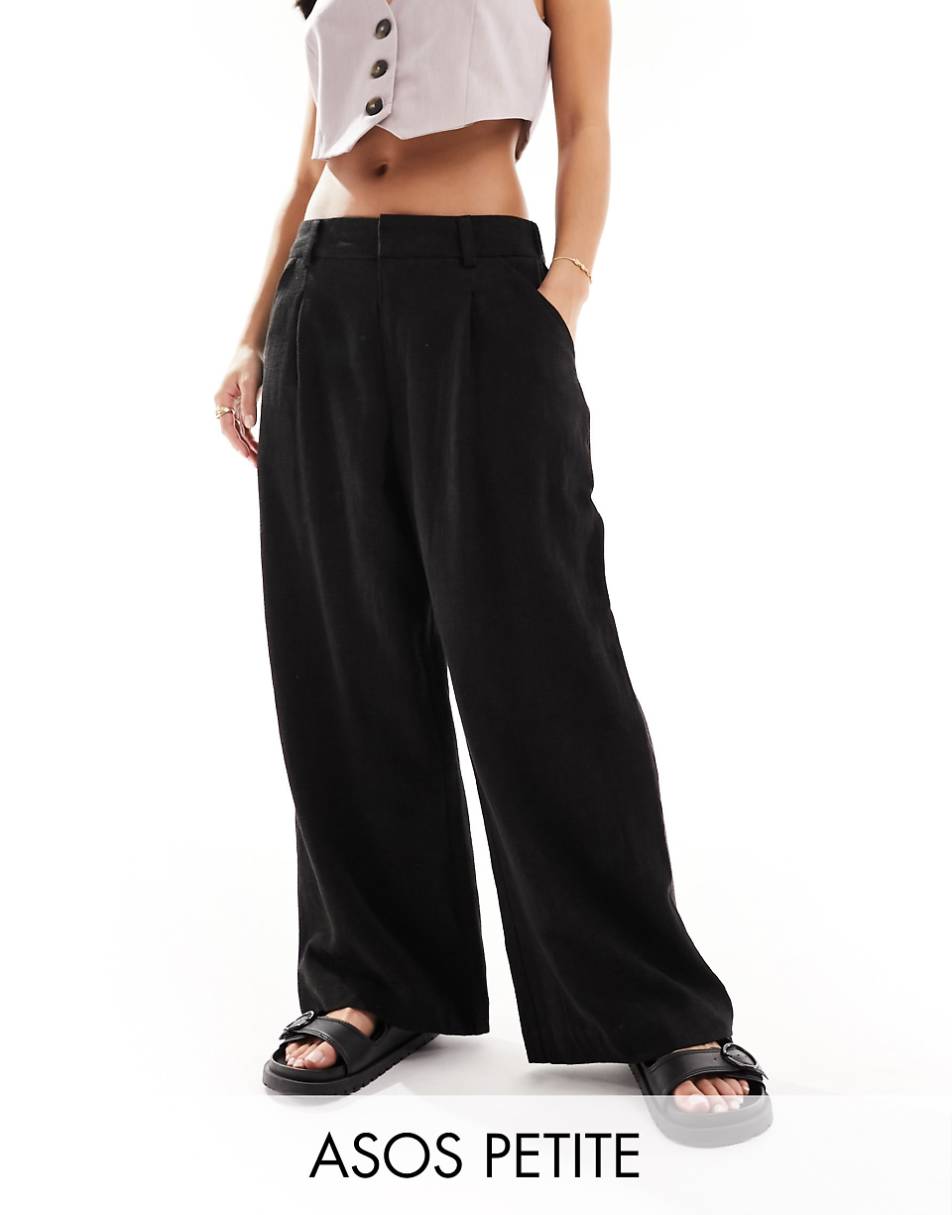 ASOS DESIGN Petite Wide leg dad pants with linen in black