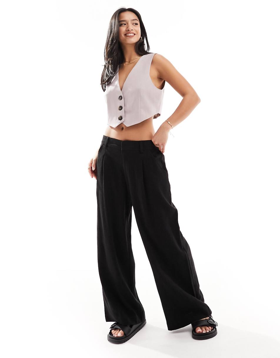 ASOS DESIGN Petite Wide leg dad pants with linen in black