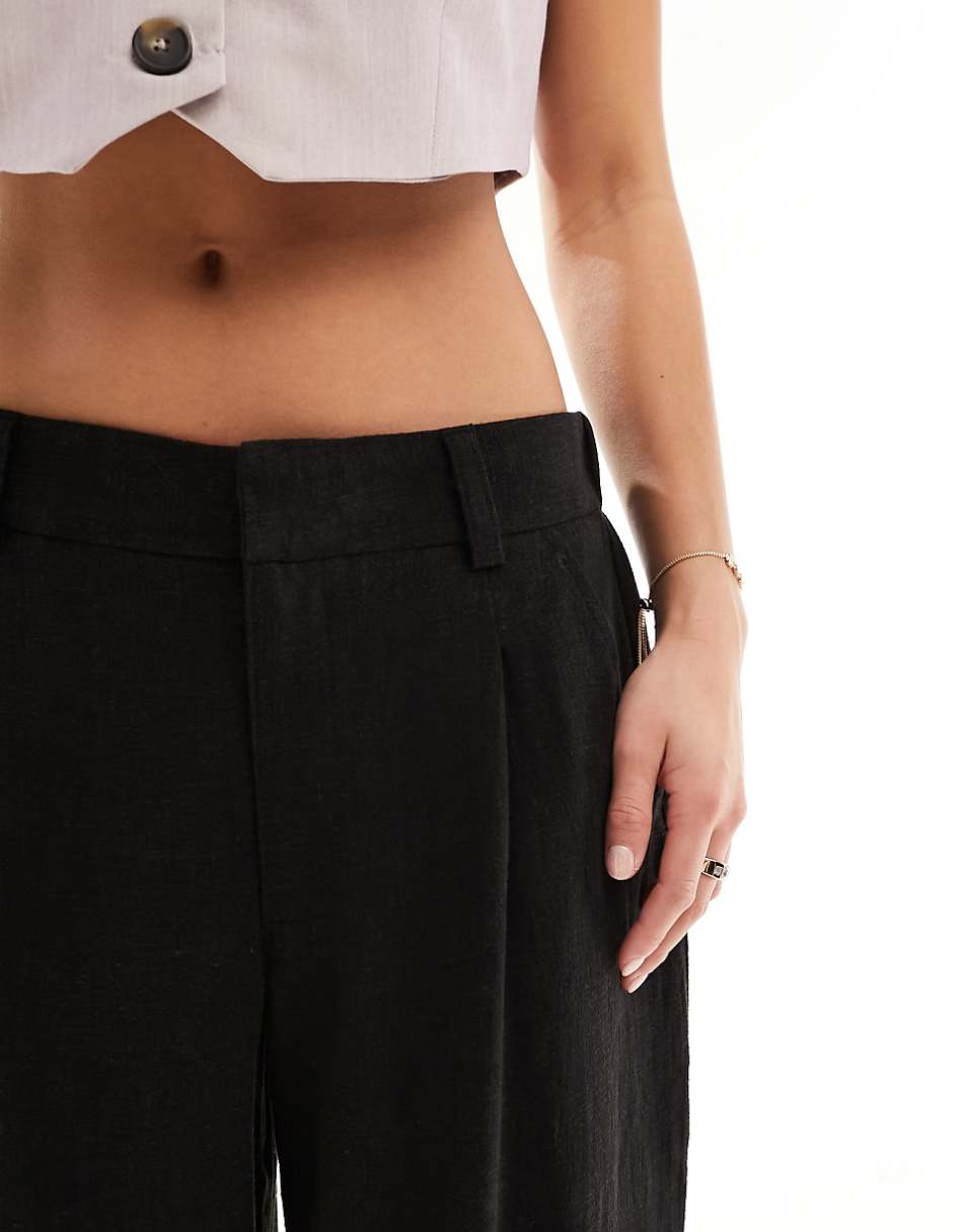 ASOS DESIGN Petite Wide leg dad pants with linen in black