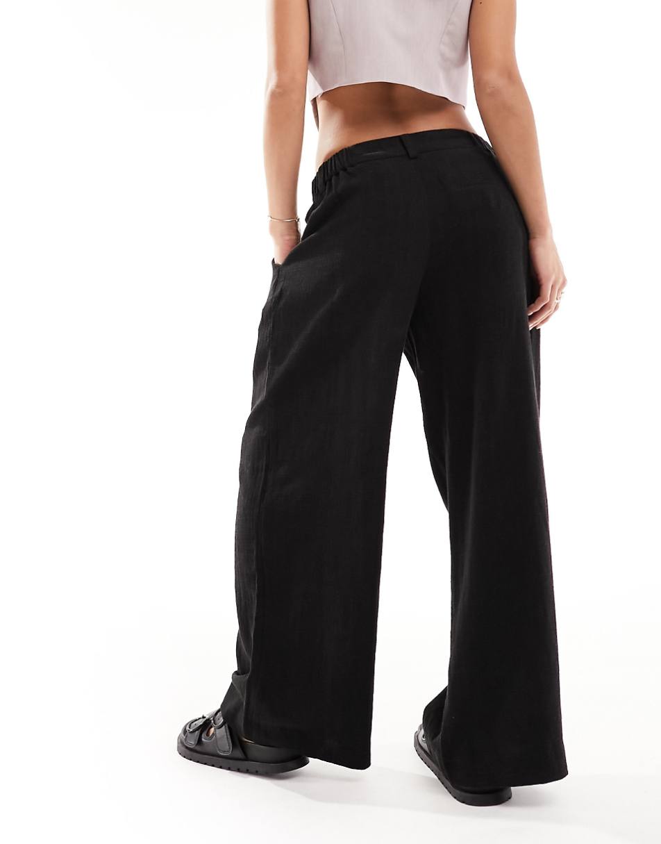 ASOS DESIGN Petite Wide leg dad pants with linen in black