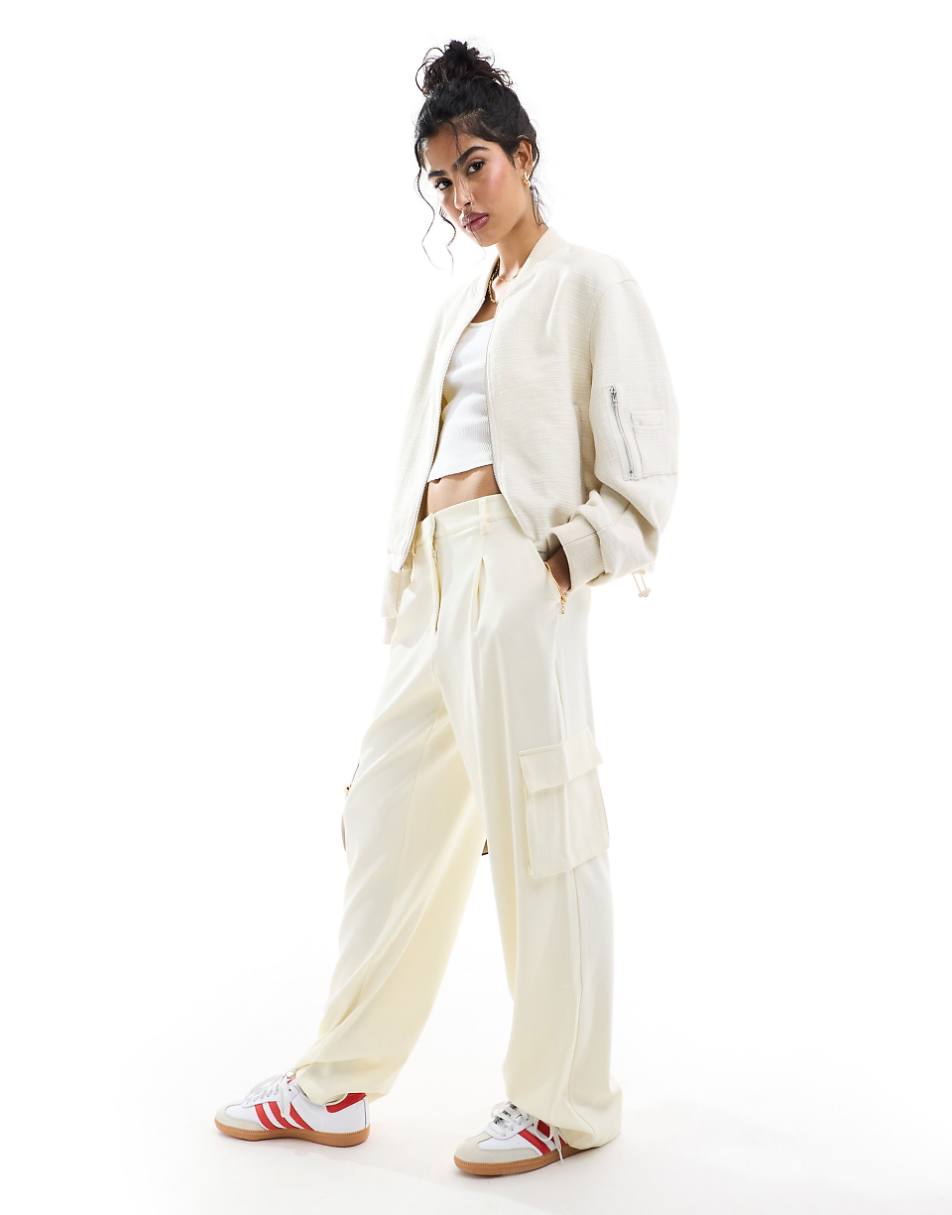 ASOS DESIGN textured crop bomber jacket in stone