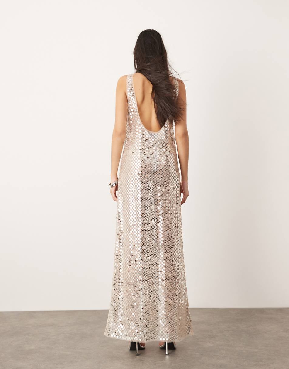 ASOS EDITION sheer disc sequin maxi raw edge tank dress in silver