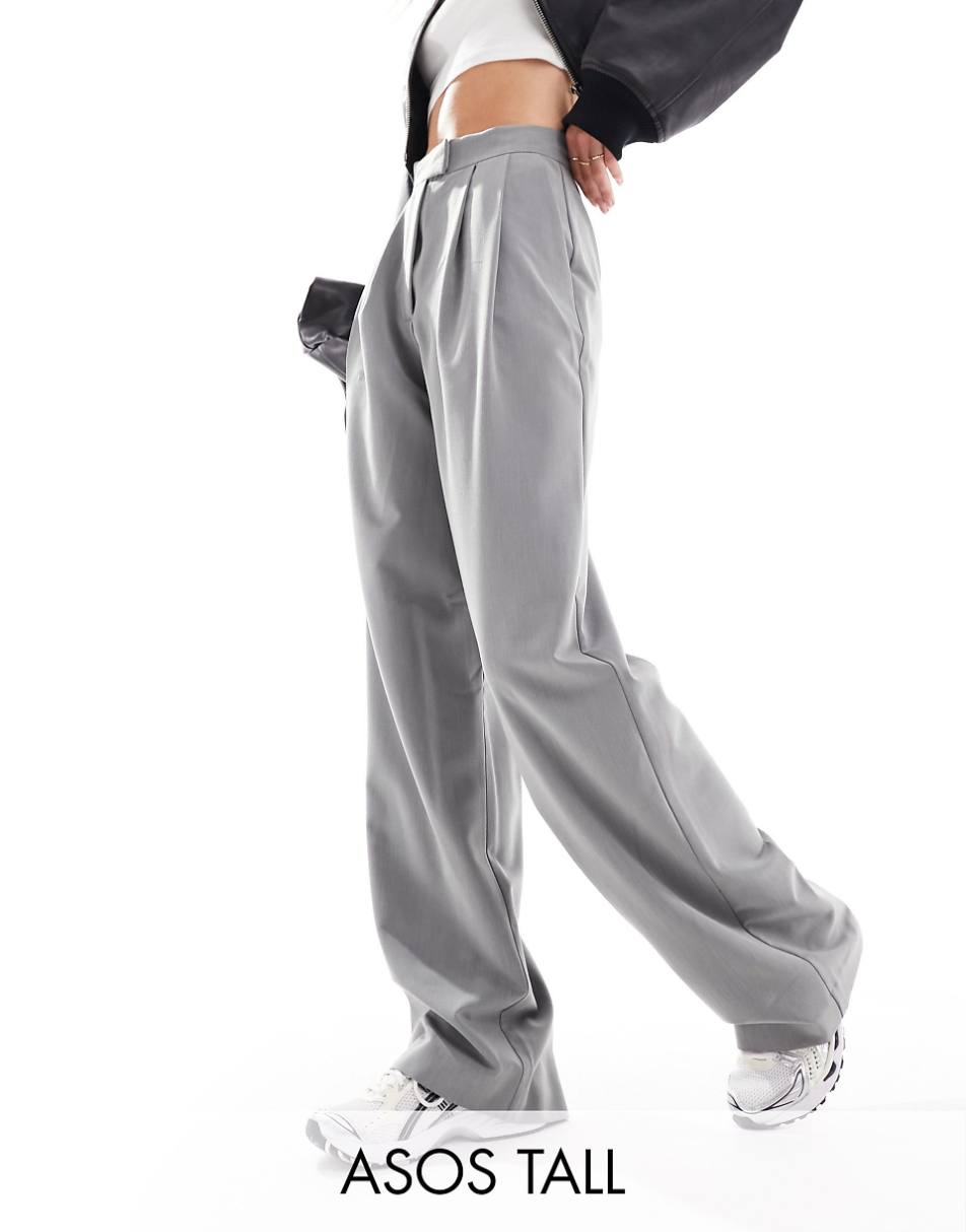 ASOS DESIGN Tall tailored wide leg pants with pleat detail in gray