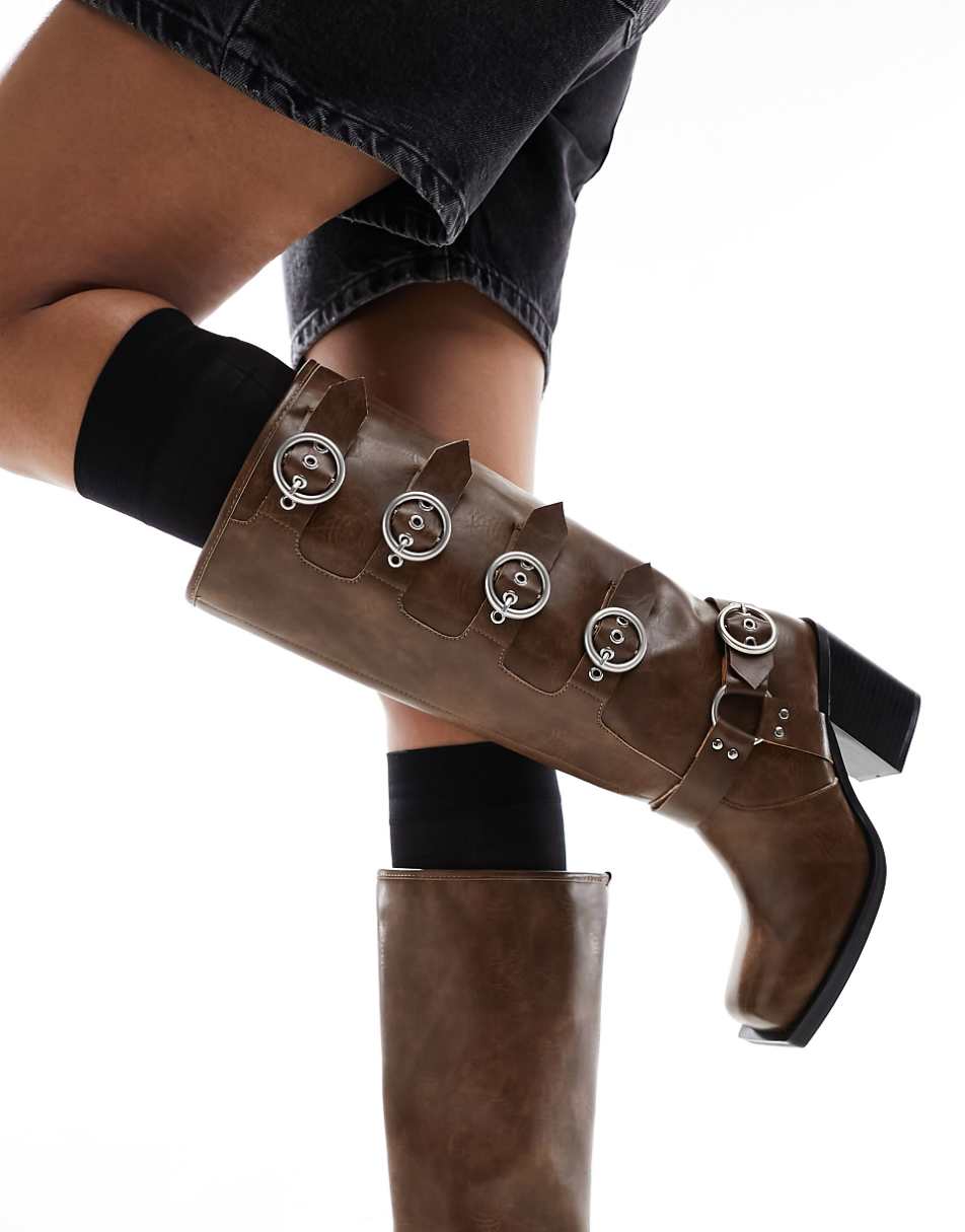Public Desire Fetish heeled biker boots in tan
