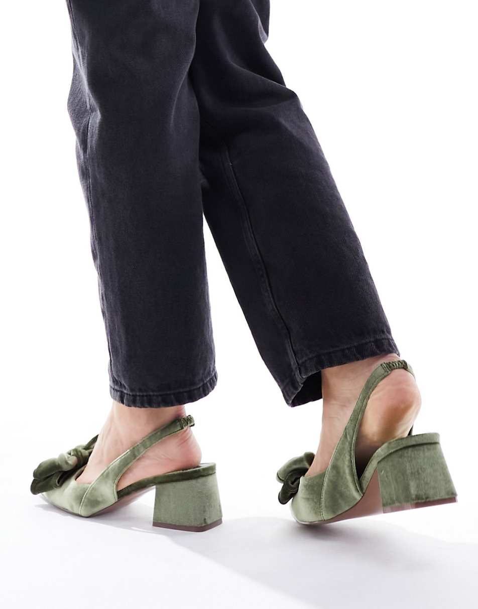 ASOS DESIGN Wide Fit Symphony bow slingback mid block heeled shoes in sage green velvet