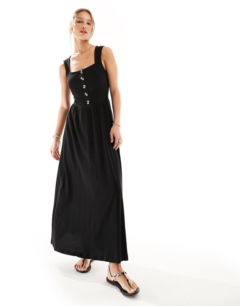 ASOS DESIGN square neck midi sundress with button detail in black