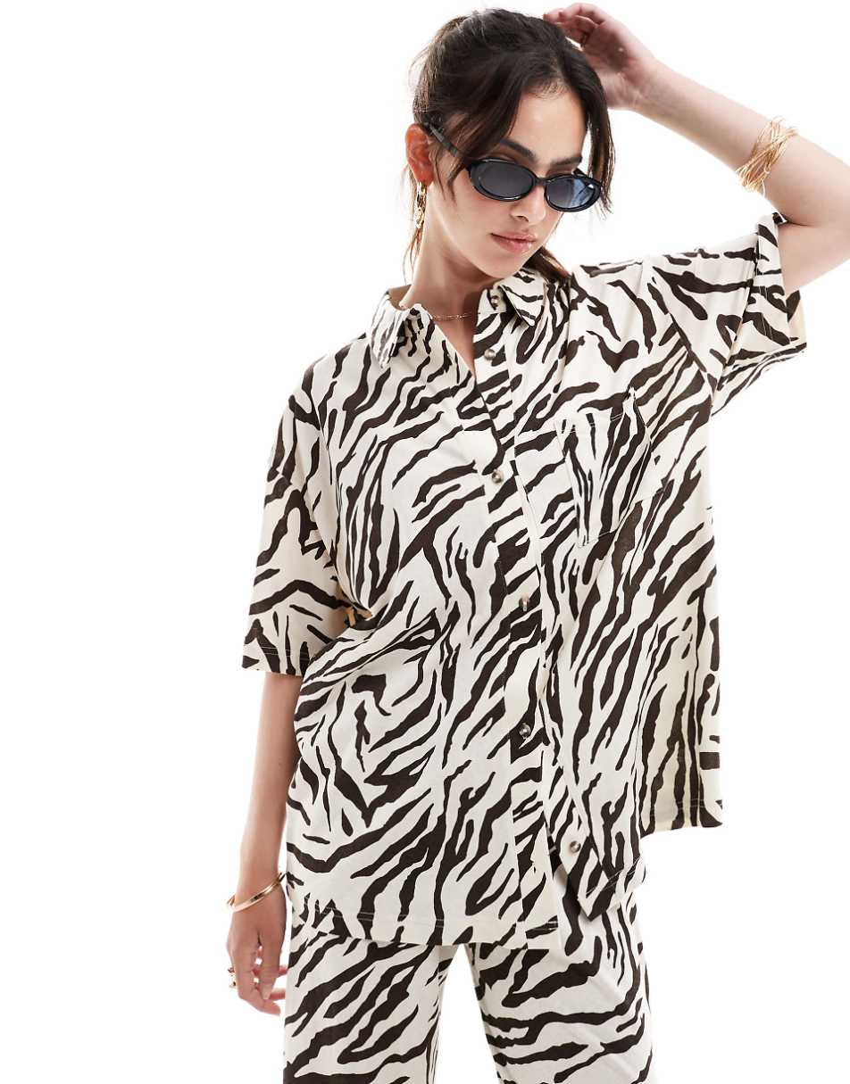ASOS DESIGN textured linen look resort shirt in zebra print - part of a set