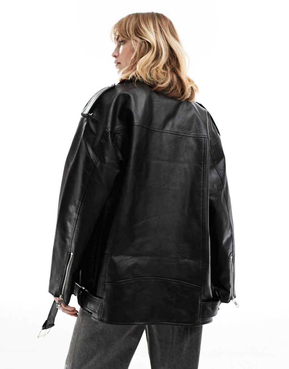 ONLY faux leather oversized biker jacket in black
