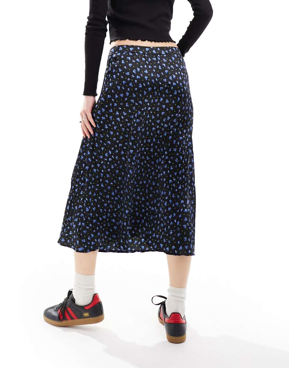 Daisy Street relaxed low rise midi skirt in blue black ditsy