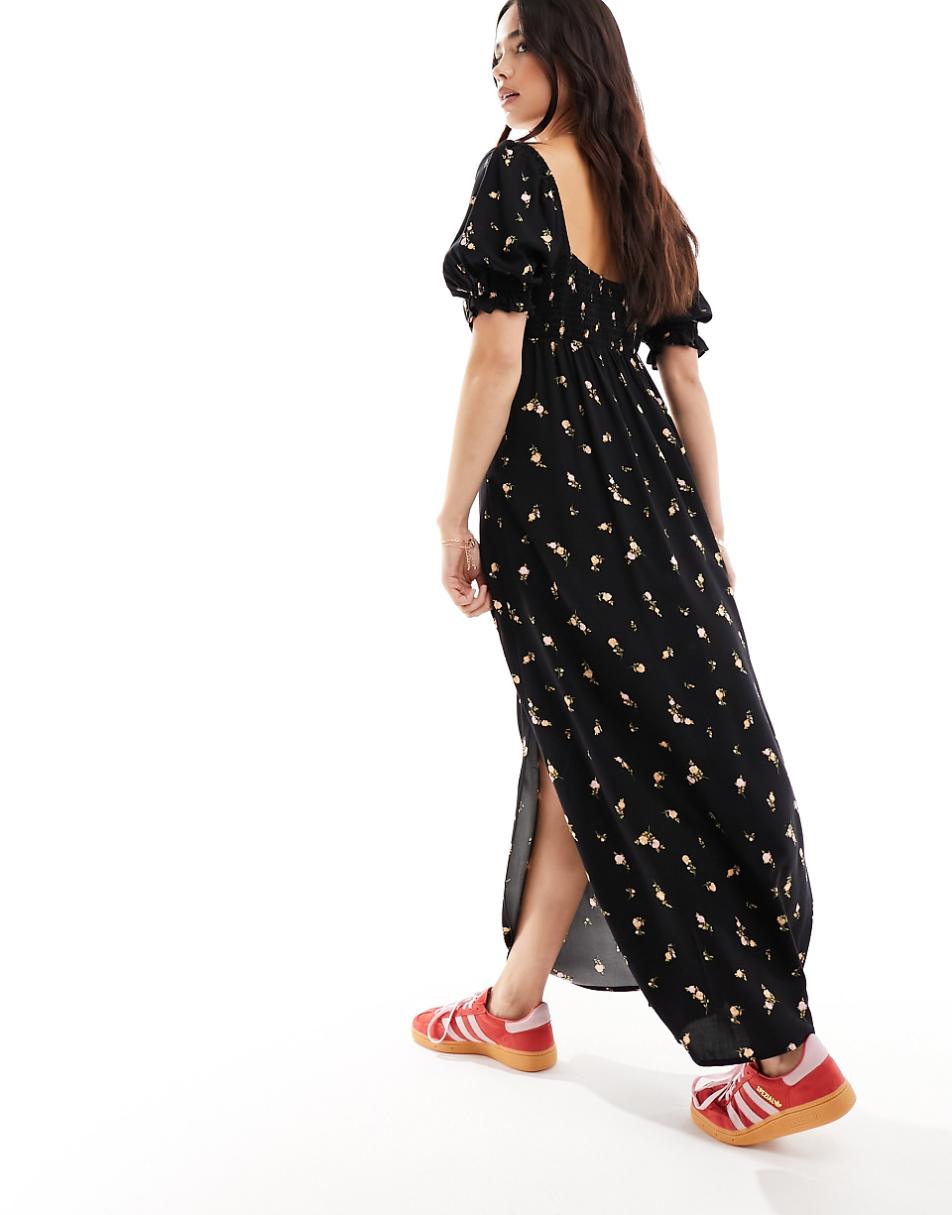 Miss Selfridge tie front midi tea dress in black ditsy