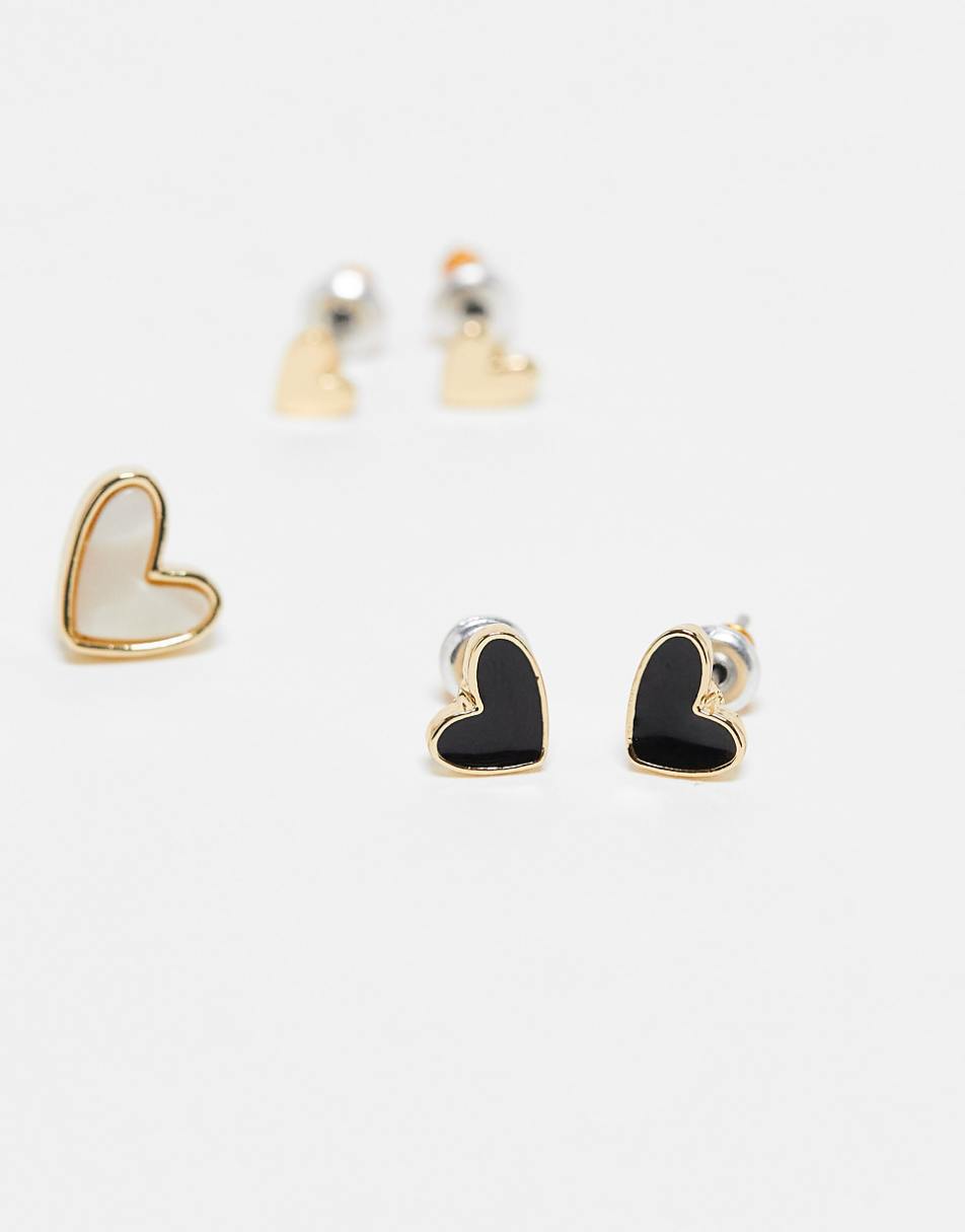 ASOS DESIGN pack of 3 stud earrings with faux pearl and black enamel heart design in gold tone