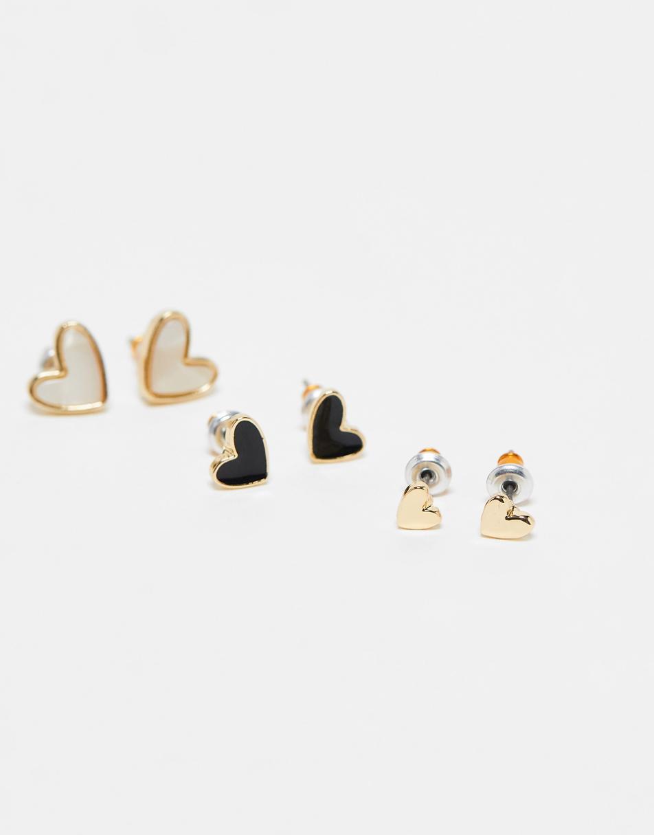 ASOS DESIGN pack of 3 stud earrings with faux pearl and black enamel heart design in gold tone