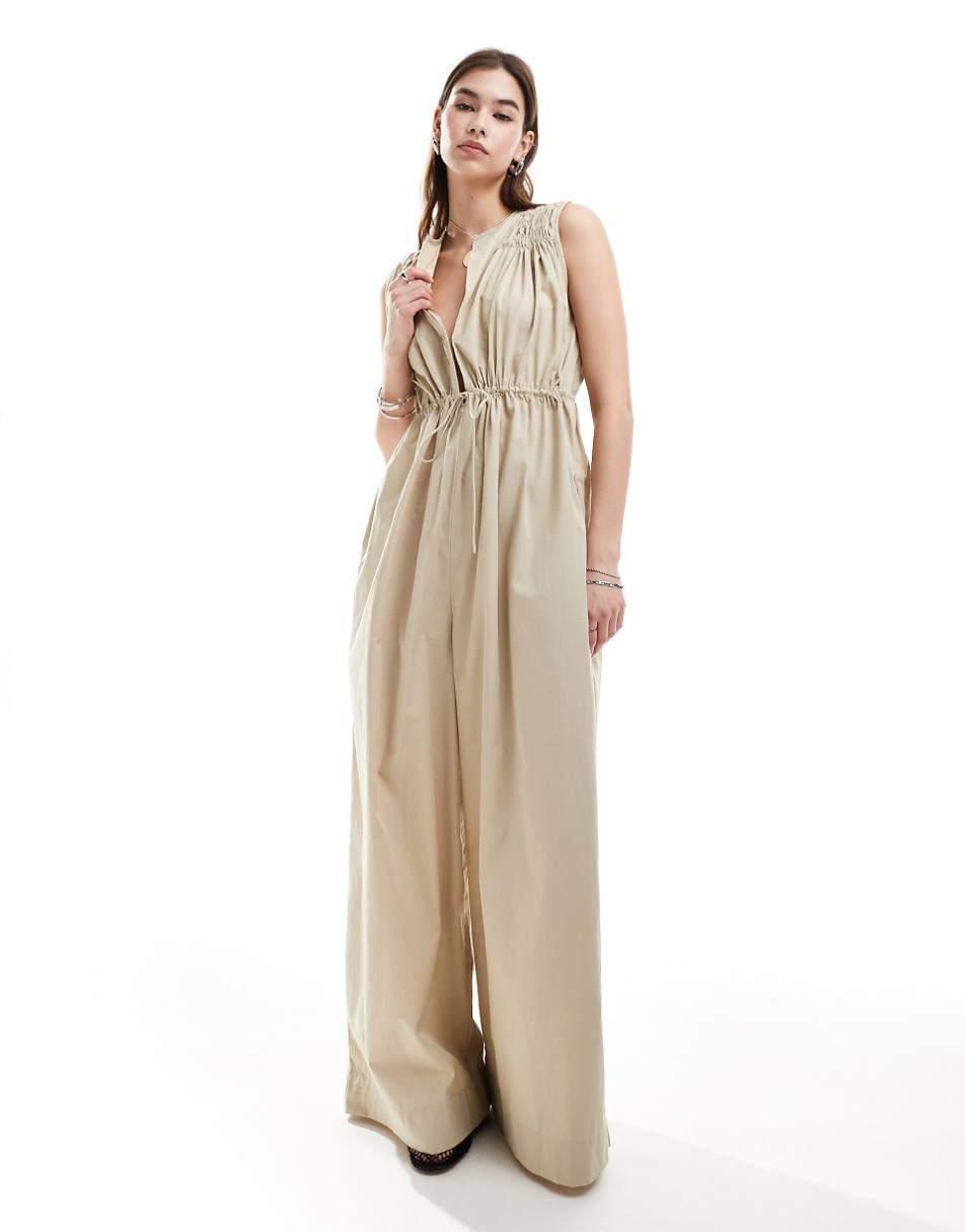 ASOS DESIGN shirred shoulder tie waist wide leg jumpsuit in taupe