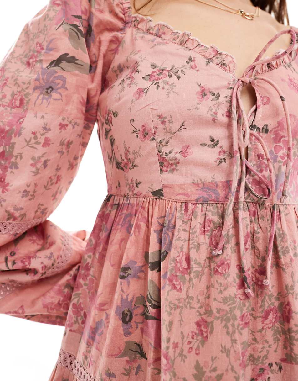 Miss Selfridge western cotton lace insert tiered mini dress in patchwork floral