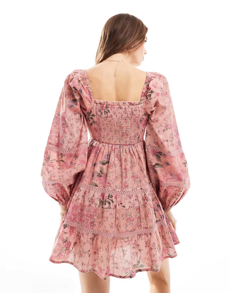 Miss Selfridge western cotton lace insert tiered mini dress in patchwork floral