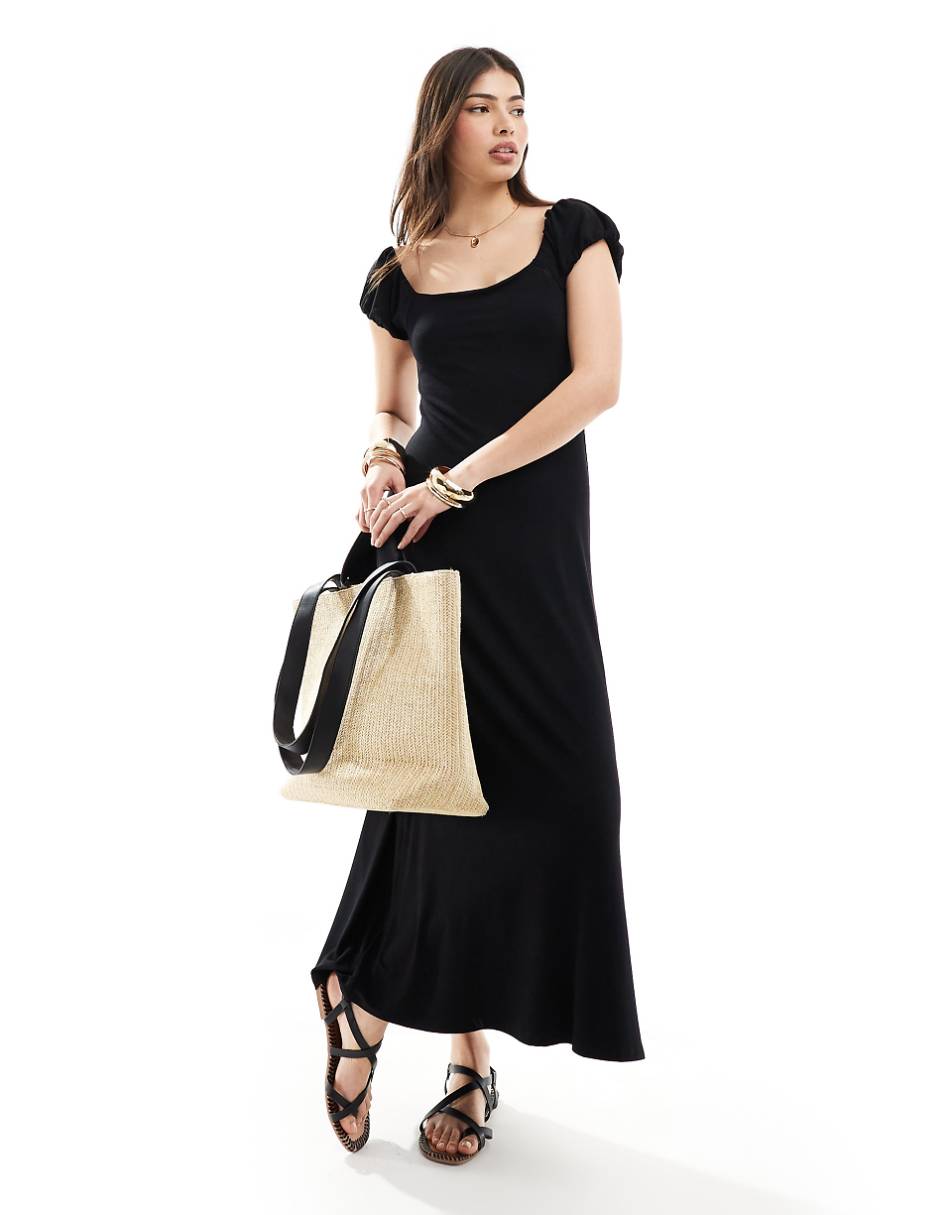 ASOS DESIGN puff sleeve square neck midi dress in black