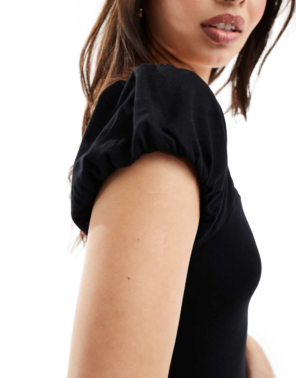 ASOS DESIGN puff sleeve square neck midi dress in black