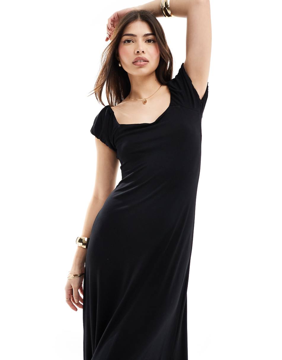 ASOS DESIGN puff sleeve square neck midi dress in black