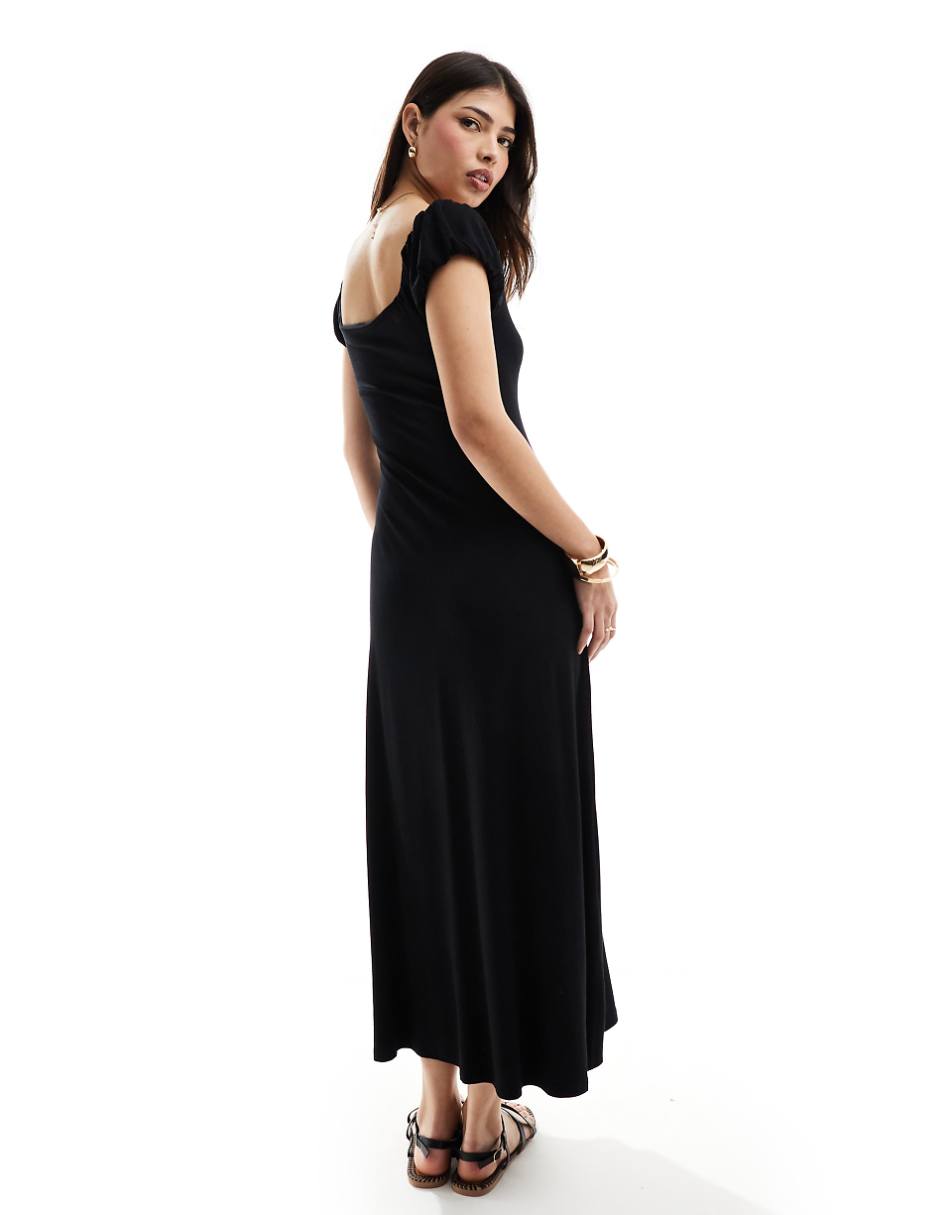 ASOS DESIGN puff sleeve square neck midi dress in black