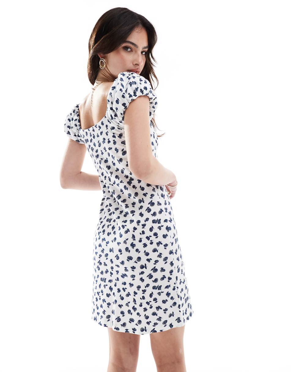 ASOS DESIGN square neck mini dress with puff sleeve and button front in white floral print